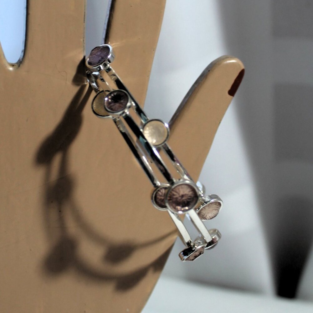 Set of 3 Silver-Tone Bangle Bracelets with Pink Glass Stones